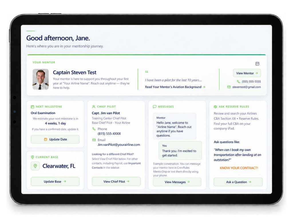 CrewRules MentorShip mentee dashboard on a tablet showing mentor connection, milestones, messages, contacts, and program resources