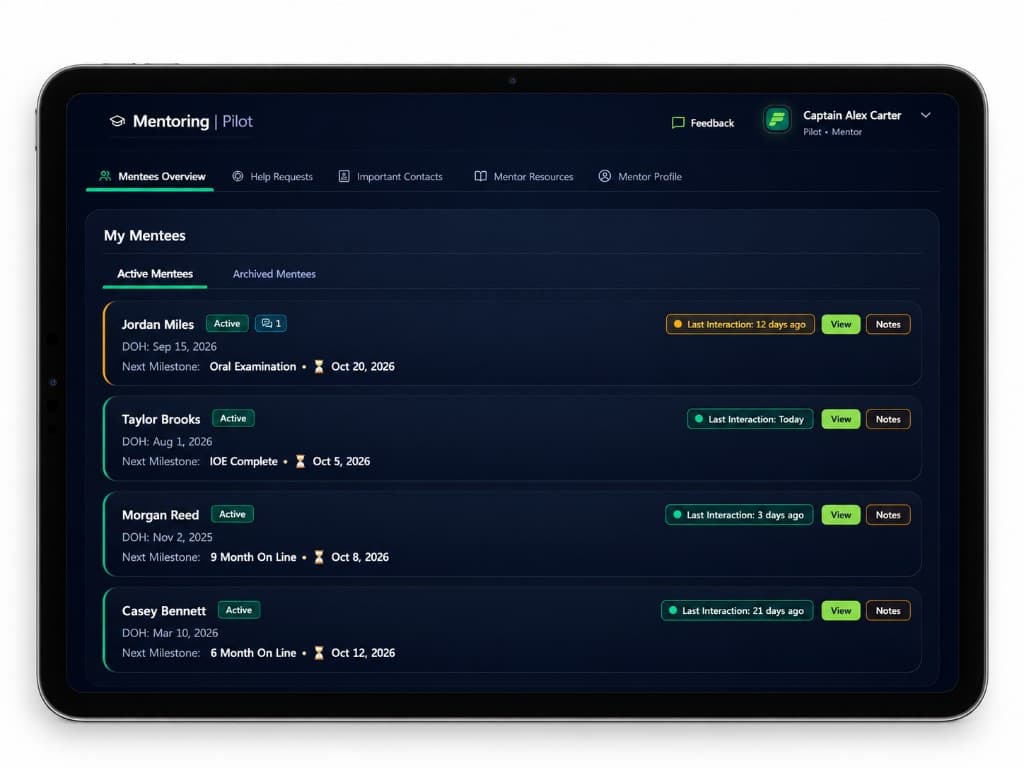 CrewRules MentorShip mentor dashboard on a tablet showing assigned mentees, milestones, messages, and mentor resources